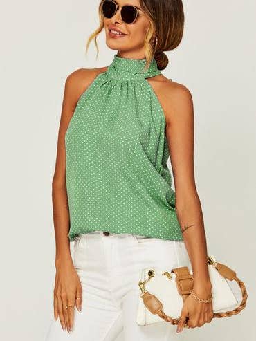 White Polka Dot Print Halter Neck Tie Back Top In Green for wholesale on Faire1