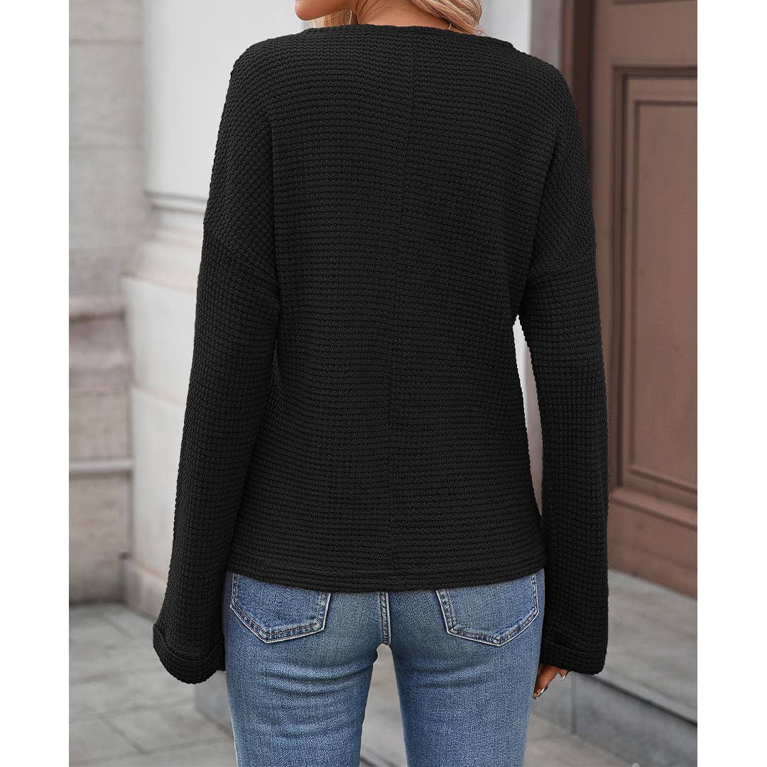 UNISHE - Wholesale Blouse - Women's - Striped Waffle Knit Long Sleeve Top MD2376