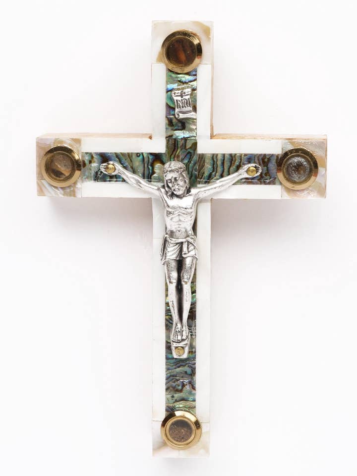 Perlemors Latinsk Kors_ Sølvoxid Krucifiks og Fire Hellige Objekter Linser 25cm for engroshandel hos Holyland Artisans