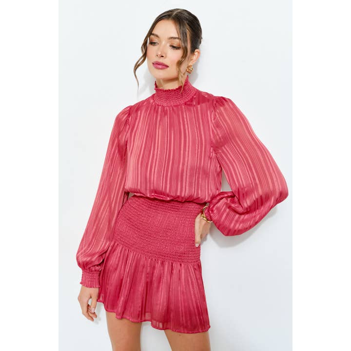 INA - Wholesale Dress - Women's - Long Puff Sleeve Lurex Stripe Smocked Mini Dress2
