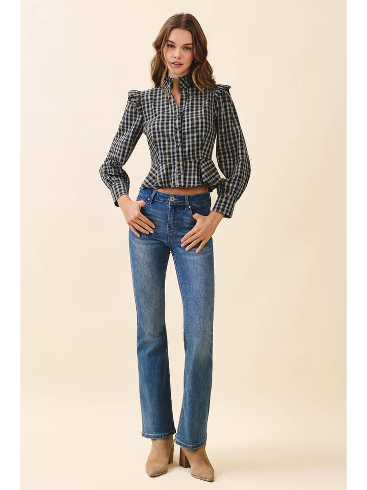 Noir CT9646-Haut à ourlet péplum avec boutons devant, volants et accents à carreaux en vente sur Faire4