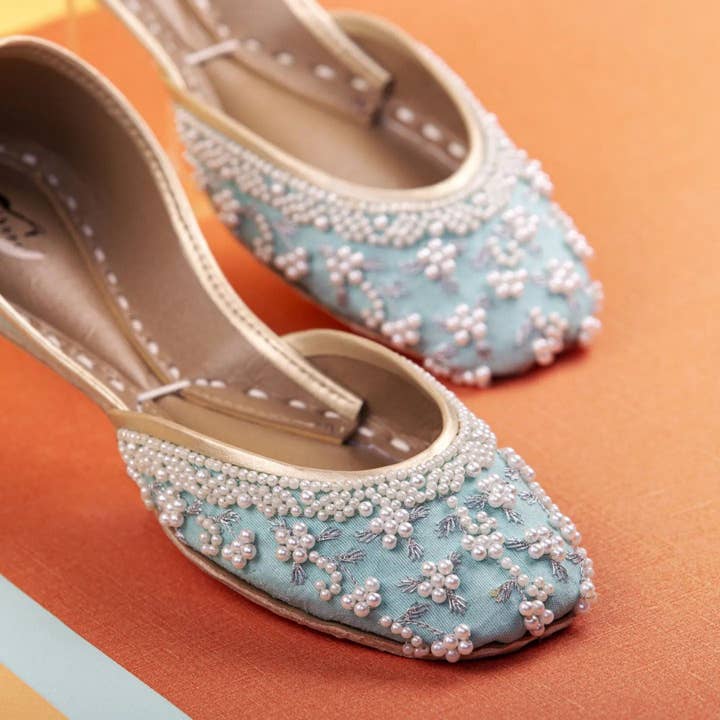 Pearl Ensemble Sky Blue Embellished Ballet Pearl Wedding Flat Shoes for wholesale on Faire