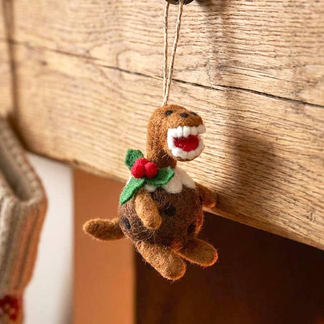 Handmade Felt Christmas Pudding T-Rex Hanging Dec for wholesale by Felt So Good