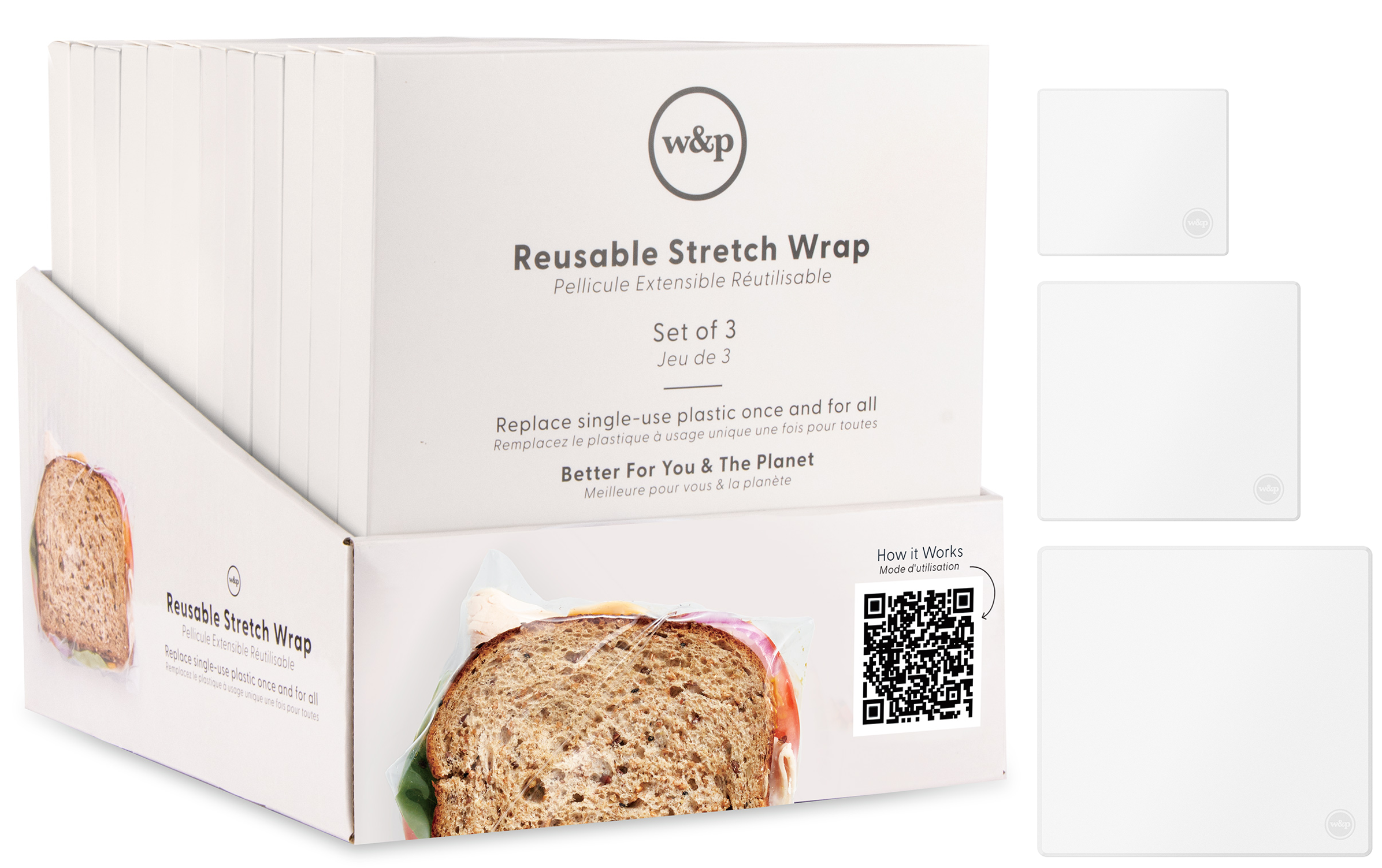 W&P - Wholesale Food Storage Wrap/Bag - Reusable Silicone Stretch Wrap - Set of 3 - TRAY PACK1