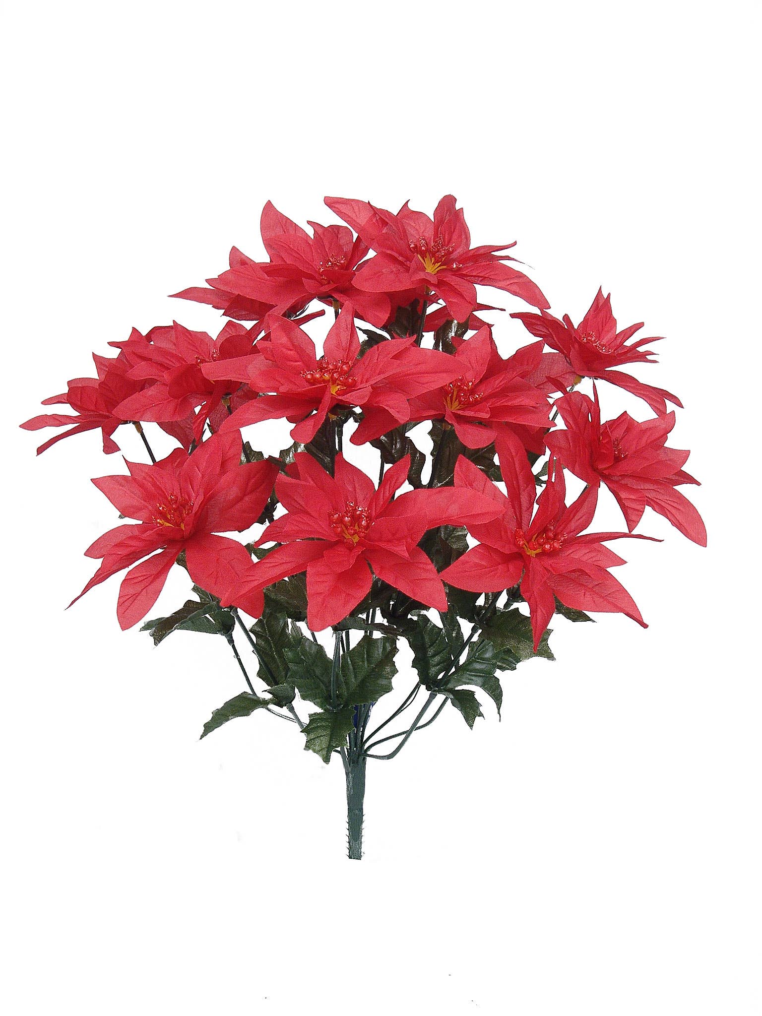 Larksilk - Wholesale Artificial flowers - 18" Red Poinsettia Bush Waterproof 14 Bloom Stems 2 Pieces