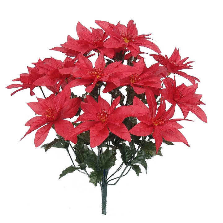 Larksilk - Wholesale Artificial flowers - 18" Red Poinsettia Bush Waterproof 14 Bloom Stems 2 Pieces0