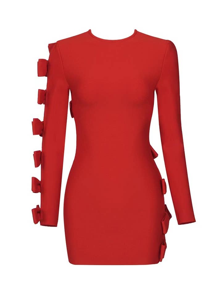 SY030 Chic Asymmetrical Bow Dress - Trendy Red Mini for wholesale on Faire