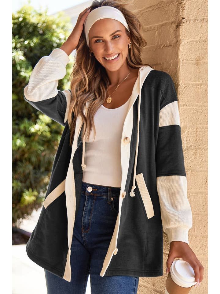 PRETTY BASH - Wholesale Hoodie - Women's - Waffle Knit Colorblock Patchwork Buttoned Hoodie6