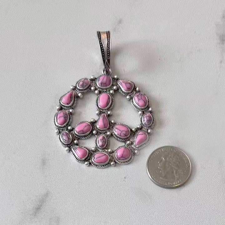 Western Elite Jewelry - Wholesale Individual Charm/Pendant - PDS250730-01-GREEN 55 mm silver metal with green turquoise stone peace sign pendent2