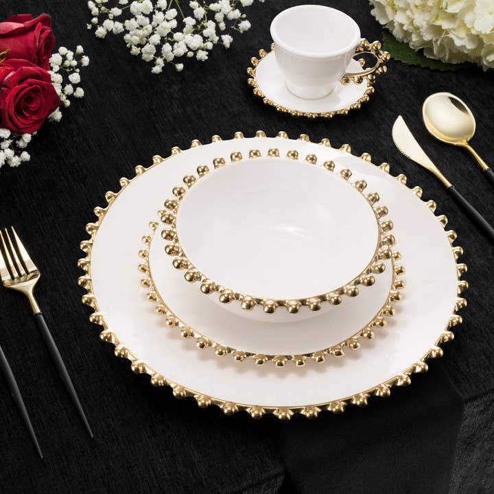 5  Piece White Dinner Set Gold Beaded Border for wholesale by CLASSIC TOUCH DECOR INC.