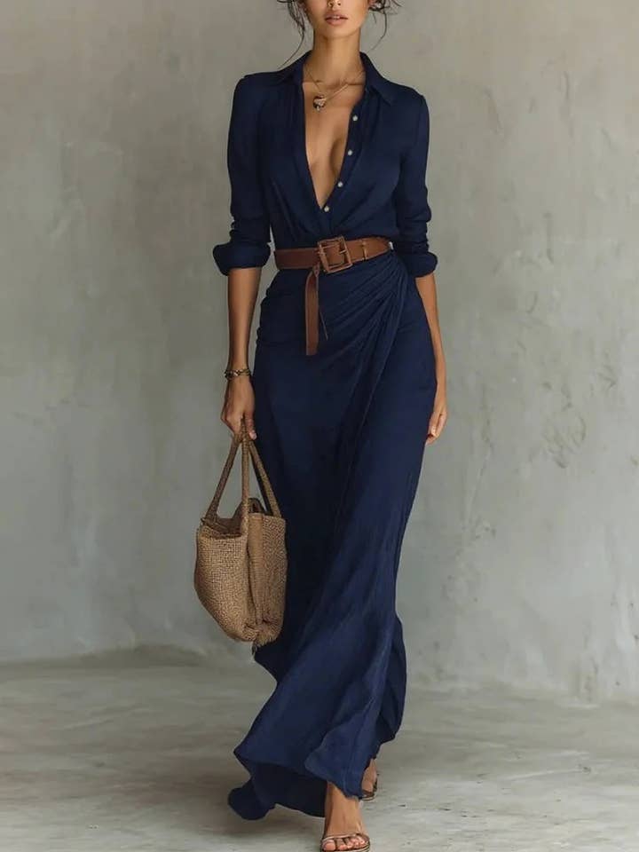 ElevateWell - Wholesale Dress - Women's - New Autumn Woman Deep V Neck Hollow Long Dress Elegant Solid0