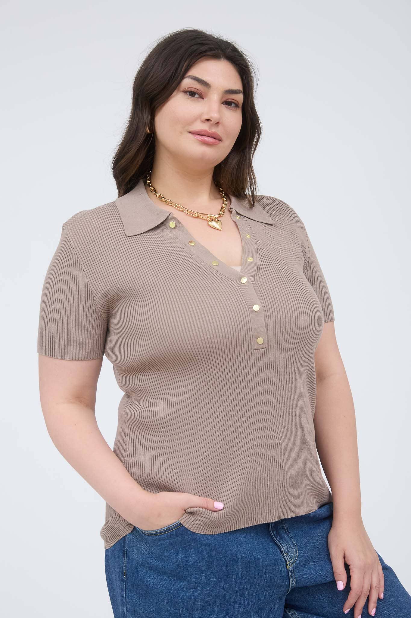 The Workshop Studio - Wholesale Knit Top - Women's - PLUS GOLD SNAP BUTTON SWEATER KNIT POLO19