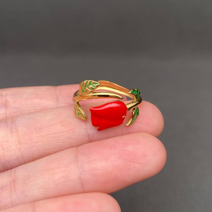 Enamel Rose 18K Gold Plated Stainless Steel Ring - FGS for wholesale by Mio Queena