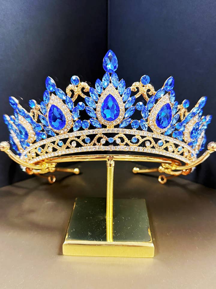 Gold Crystal Tiara, Princess Crown, Wedding Blue Headdress for wholesale by Happy Dream Gifts