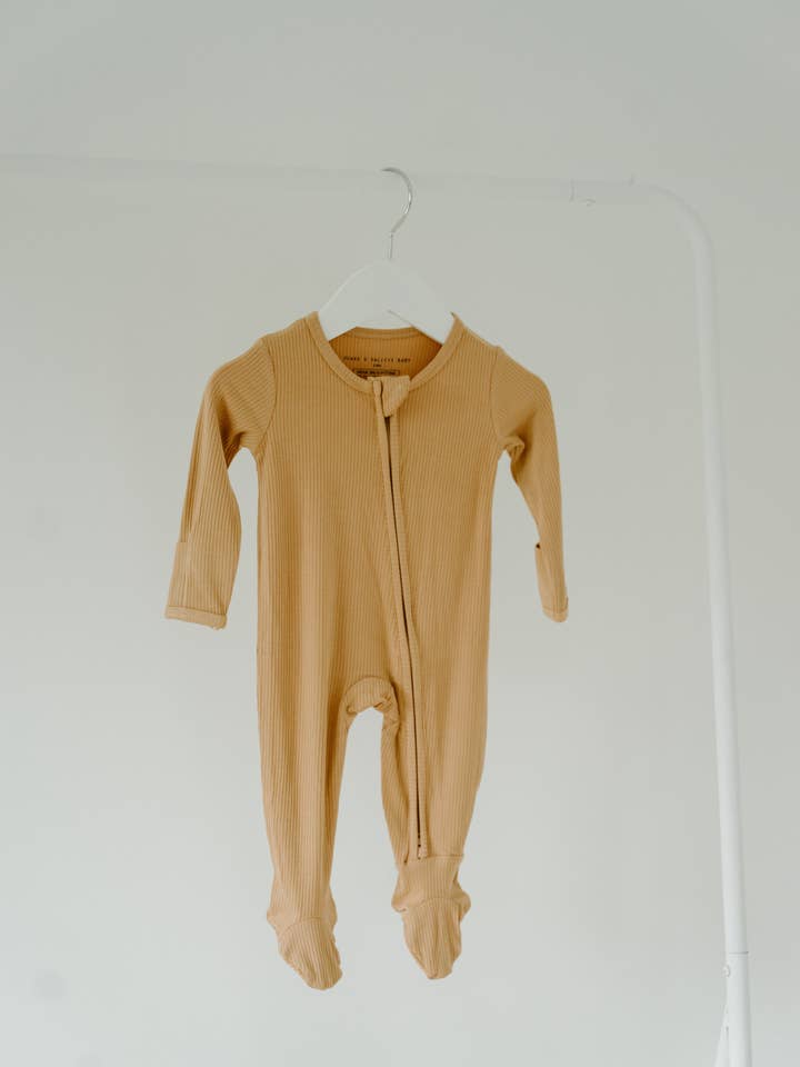 Footed Sleeper-Toffee for wholesale by Peaks & Valleys Baby