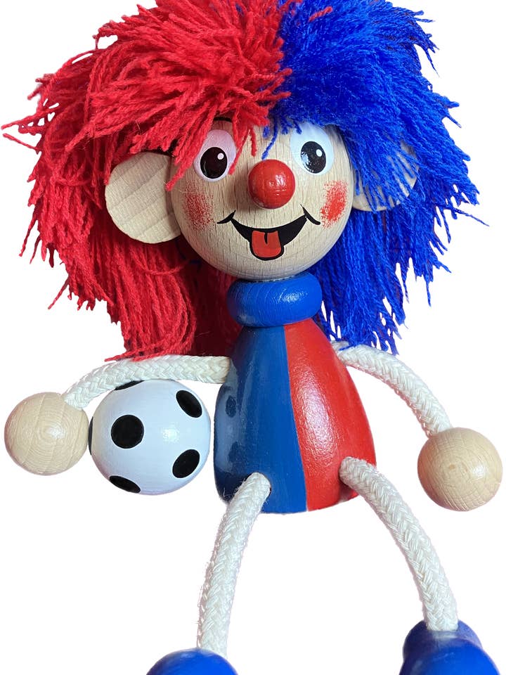 Jouet en bois assis - Joueur de football rouge-bleu - Fait main pour la vente par Toywood