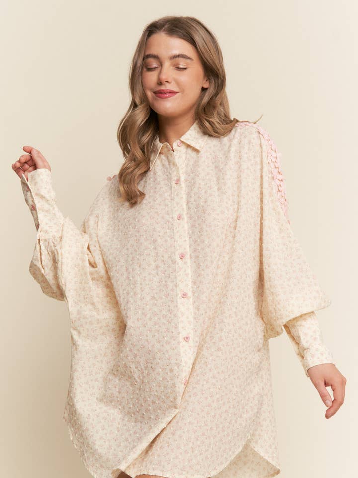 Cream Blossom Floral Print Long Sleeve Tunic Blouse for wholesale on Faire3