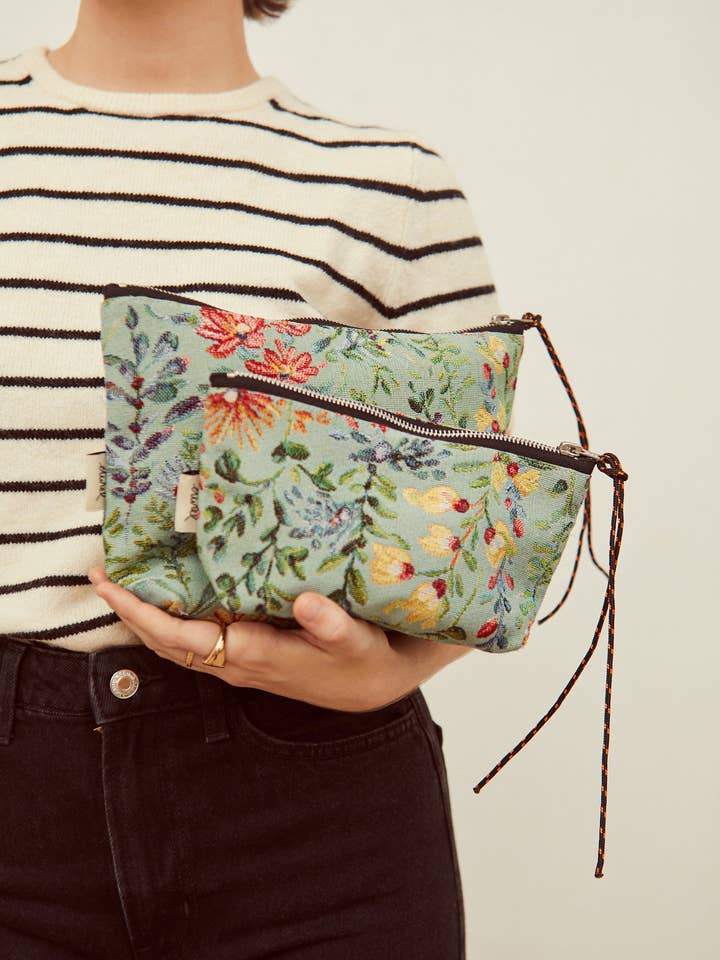 Light blue azaleas jacquard fabric pouch for wholesale by Eturel Madrid