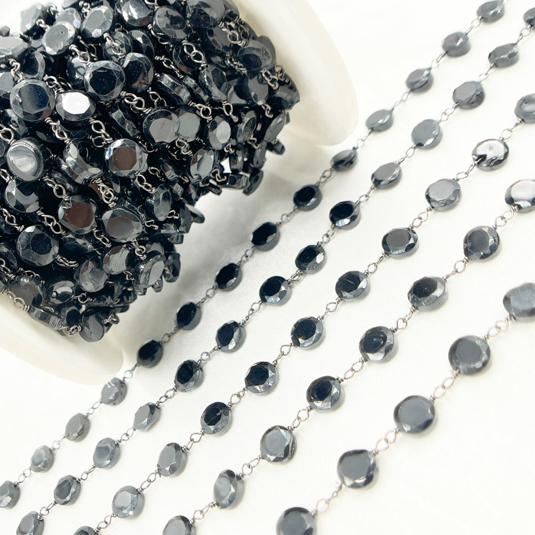 Tresor Jewelry Inc. - Wholesale Link & Chain Necklace - Black Spinel Small Coin Shape Oxidized Wire Chain. BSP493