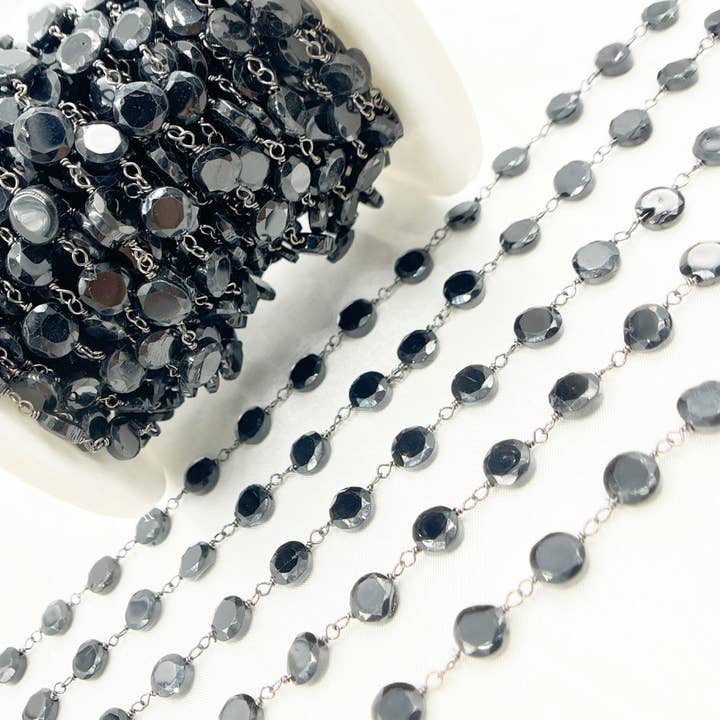 Tresor Jewelry Inc. - Wholesale Link & Chain Necklace - Black Spinel Small Coin Shape Oxidized Wire Chain. BSP493
