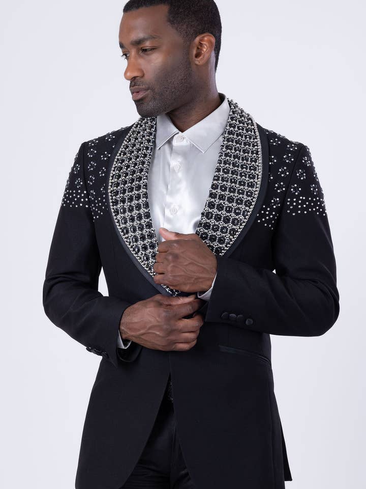 BARABAS - Wholesale Blazer - Men's - Men's Floral Rhinestone Shawl Lapel Blazer 4EBL4612