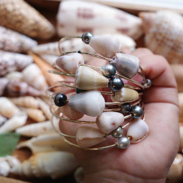 Tahitian Pearl and Cone Shell Bangle for wholesale by Flotsam & Co. Hawaii