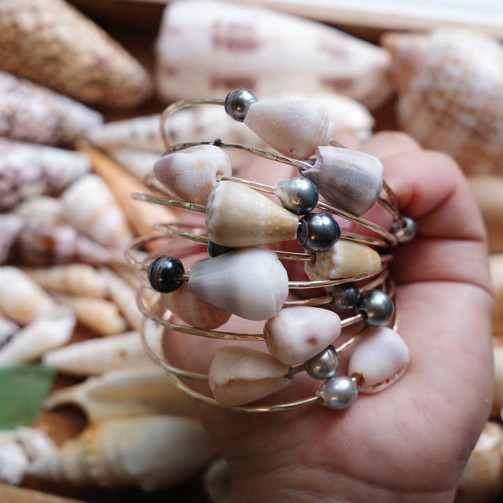 Tahitian Pearl and Cone Shell Bangle for wholesale by Flotsam & Co. Hawaii