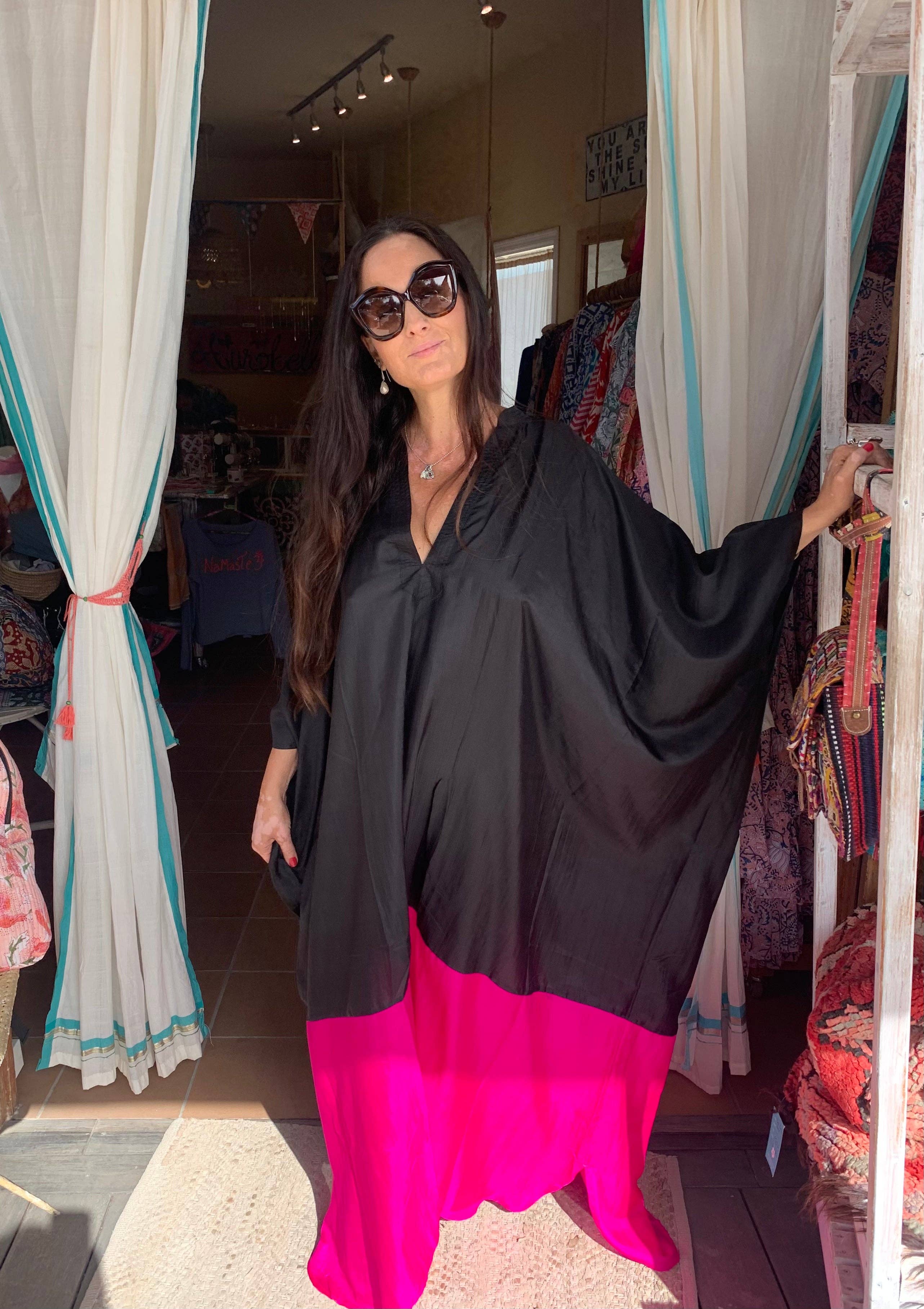 Exclusive luxury Silk kaftan -Black & pink for wholesale on Faire2