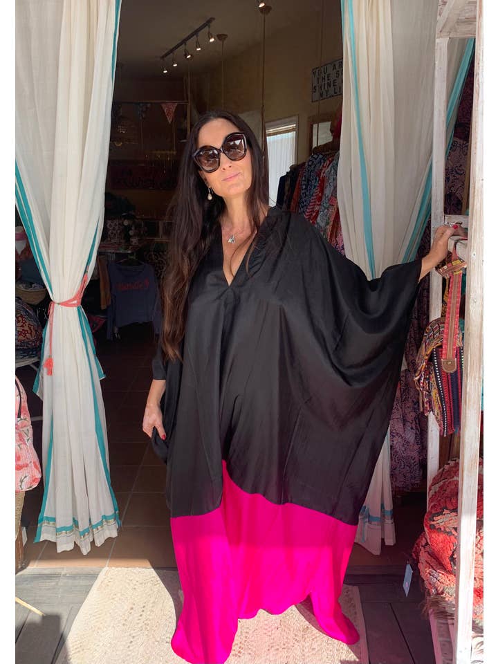 Exclusive luxury Silk kaftan -Black & pink for wholesale on Faire2