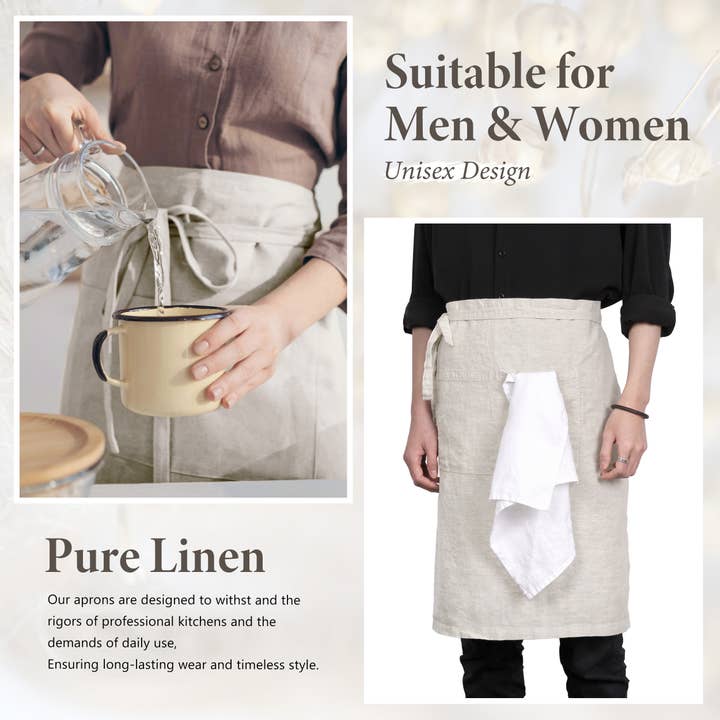 Triton Linen – wholesale Förkläde – Linne Bistro Halvförkläde med Fickor 25 x 35 Tum - Natur