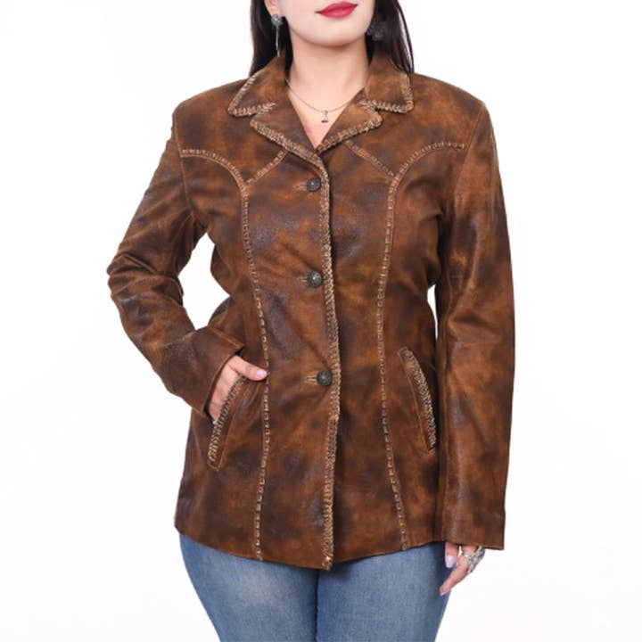 LC-ADJKTLTR01 Veste Blazer Western en Cuir Marron Vieilli pour Femme avec Détails en Point de Fouet pour la vente par LS Western