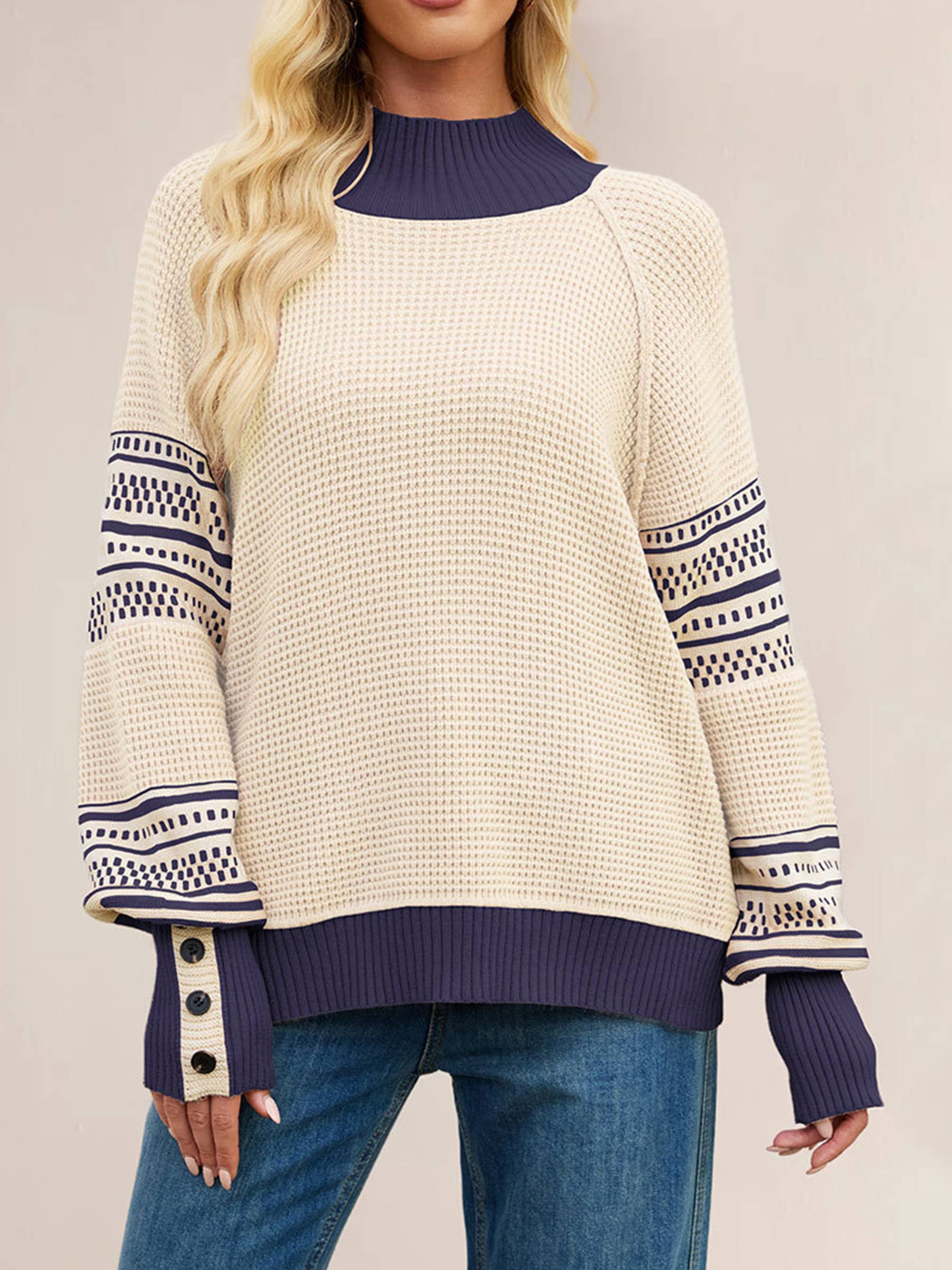 Wholesalesir - Wholesale Knit Sweater - Women's - Knitted Color Blocked Semi High Neck Pullover Sweater1