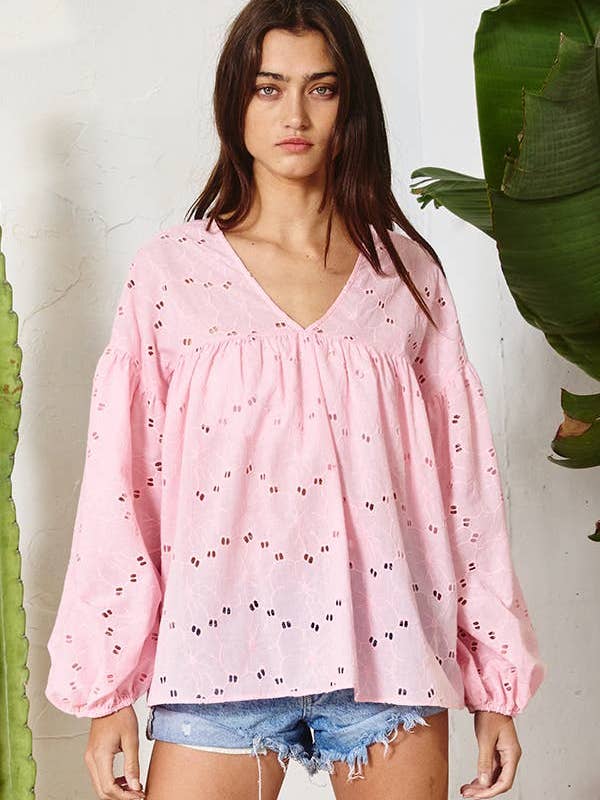 BUCKETLIST OUTLET - Wholesale Blouse - Women's - T1042K OUTLET SALE Puff Sleeve Eyelet Lace Babydoll Tunic