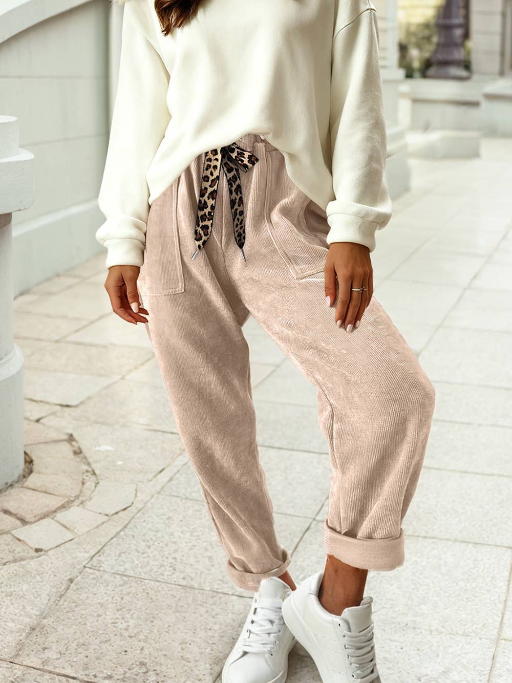 Gray Morn Corduroy Leopard Drawstring High Waist Trousers for wholesale on Faire1