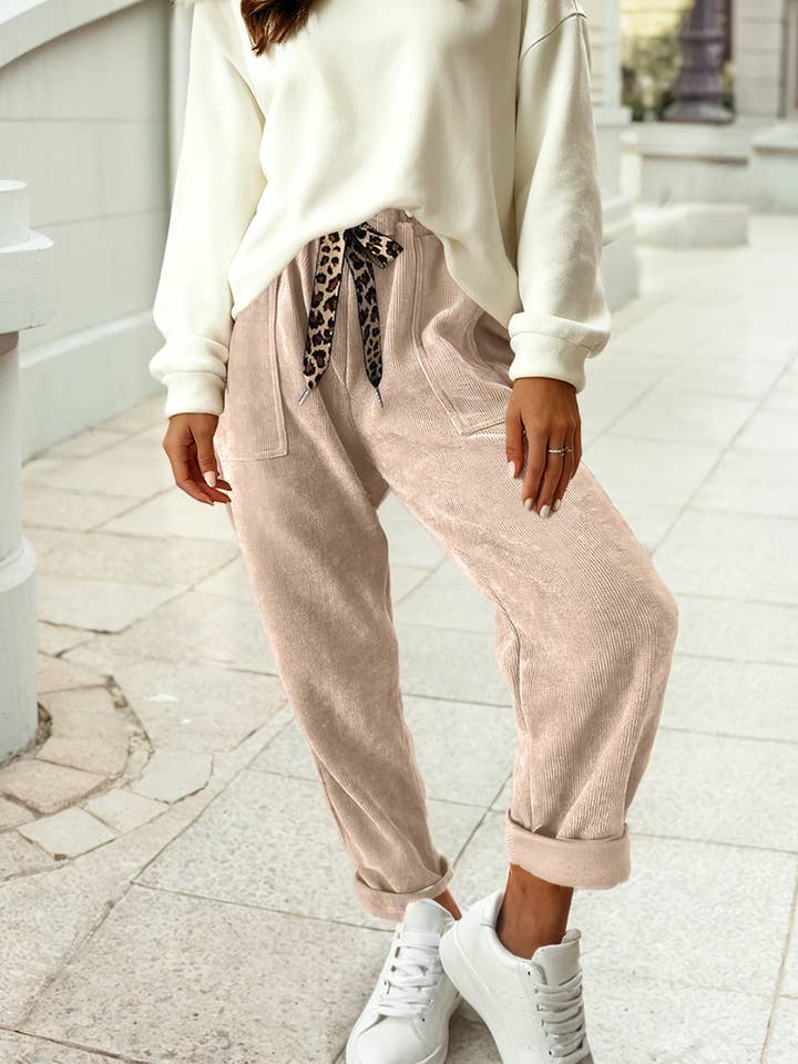 Gray Morn Corduroy Leopard Drawstring High Waist Trousers for wholesale on Faire1