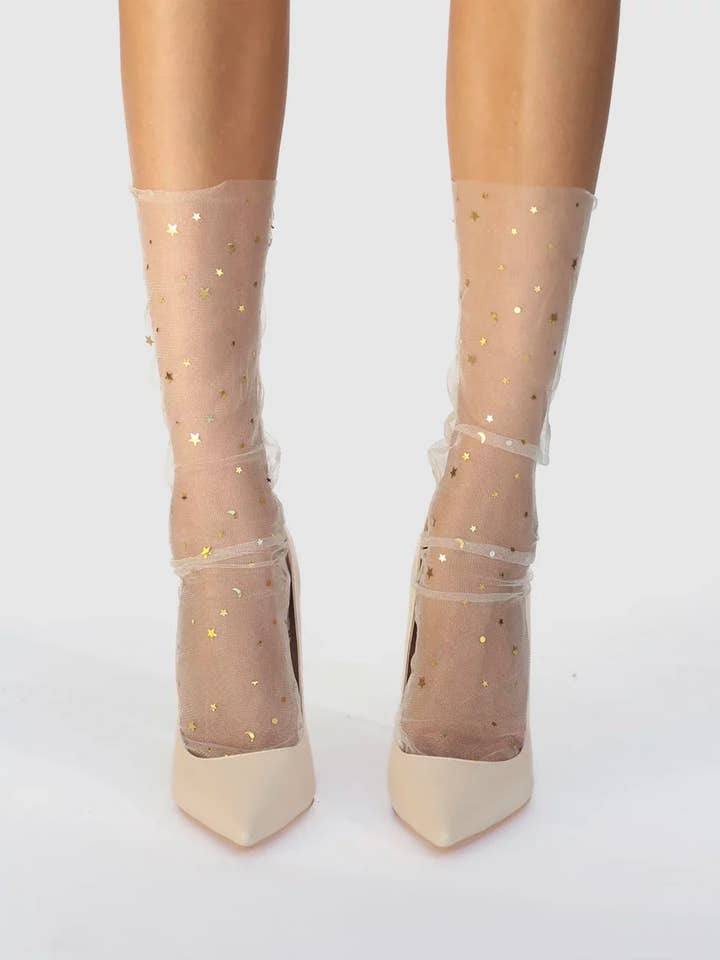 Starry Sky Sok van tule — Naakt/Goud voor wholesale door High Heel Jungle