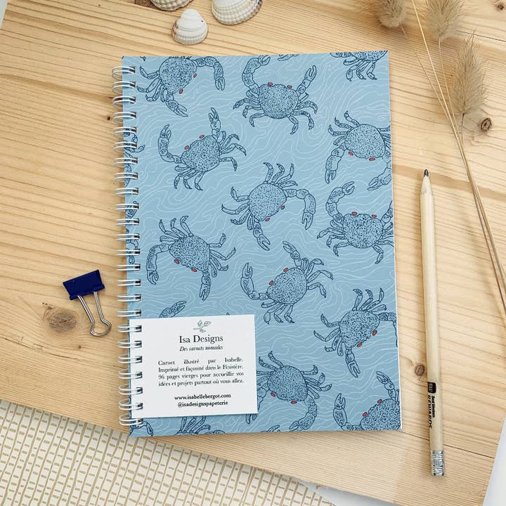 Taccuino A5 a spirale - 96p bianche vuote - Granchio / blu per la vendita all'ingrosso da parte di Isa Designs