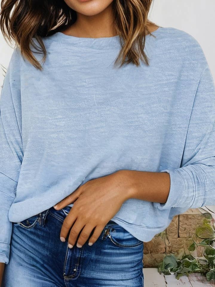 Solid Color Batwing Round Neck Long Sleeve Top (S-XL) for wholesale by 66DISCO