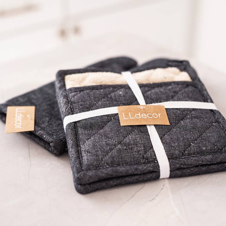 LLdecor - Wholesale Oven Mitt/Pot Holder - Set of 3, Oven Mitt & 2 Pot Holders , Linen-Cotton, Black3