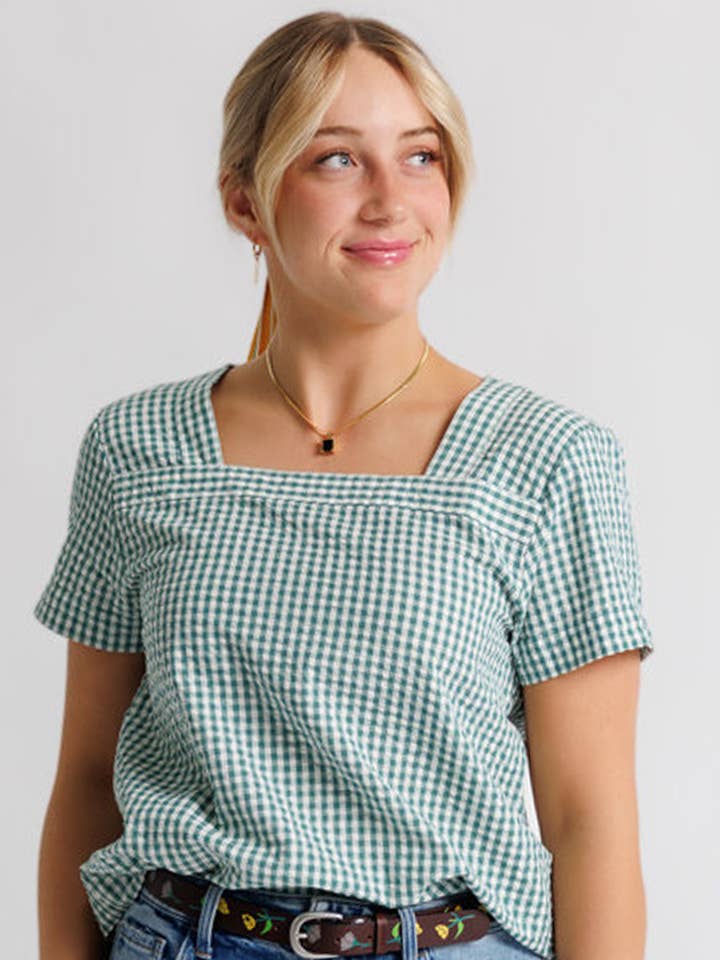 Carla Short Sleeve Gingham Blouse for wholesale on Faire