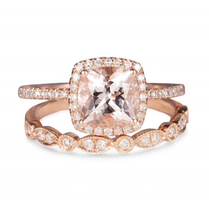 GEMPARA - Vendita all'ingrosso Anelli di fidanzamento - Set di anelli nuziali con morganite taglio cuscino0