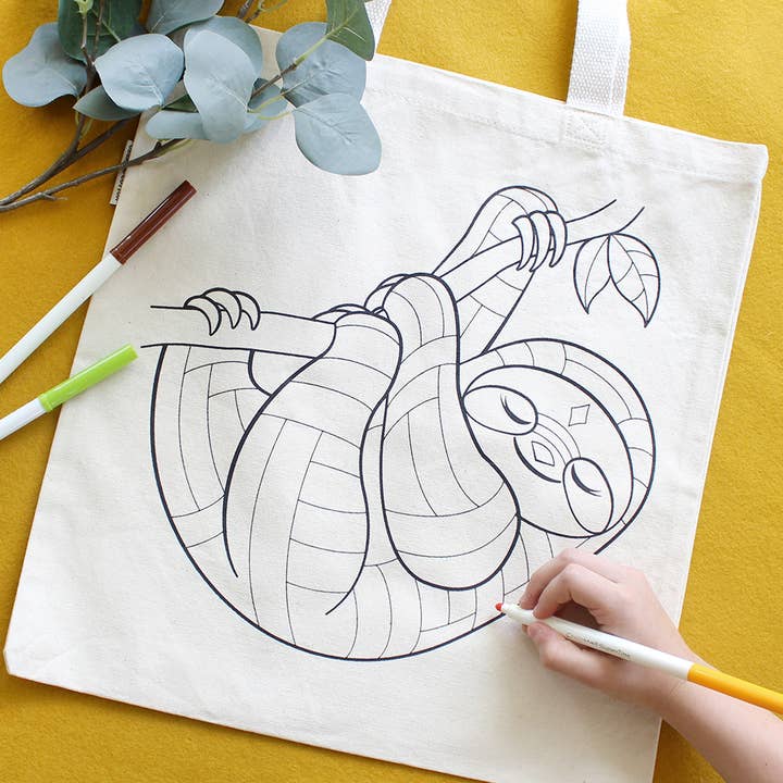 Sloth Organic Tote Bag - Coloring Kit with Markers for wholesale by Leela and JoJo