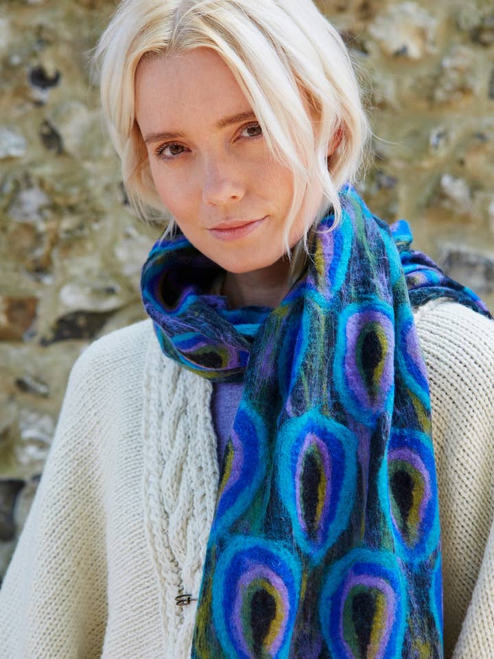 Peacock Felted Wool Scarf Blue Purple for wholesale by Pachamama Ltd
