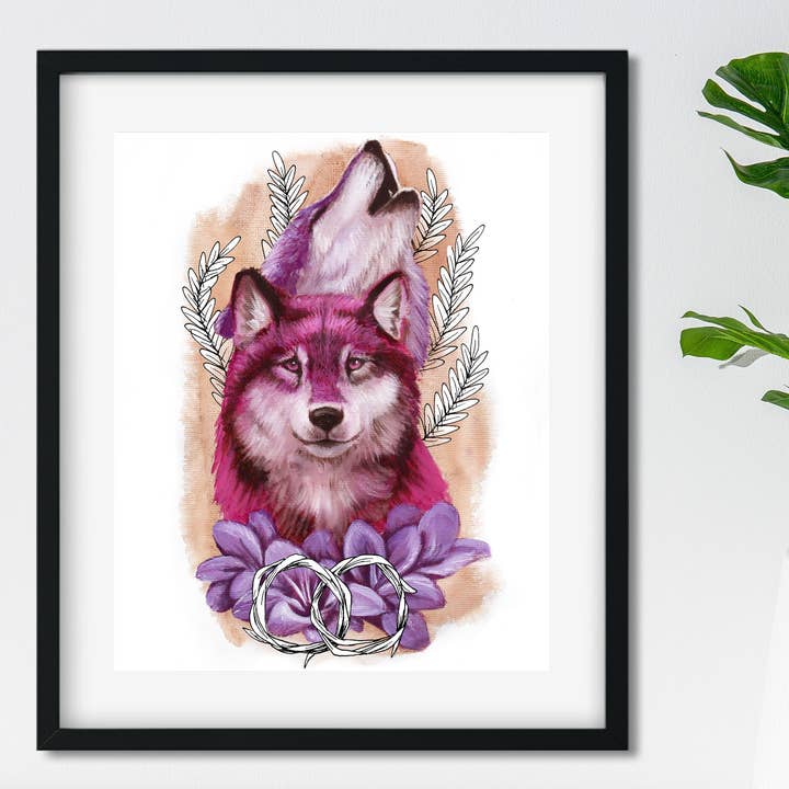 8"x10" Art Print | Pink Wolves with Flowers for wholesale by Joyseeker Tarot