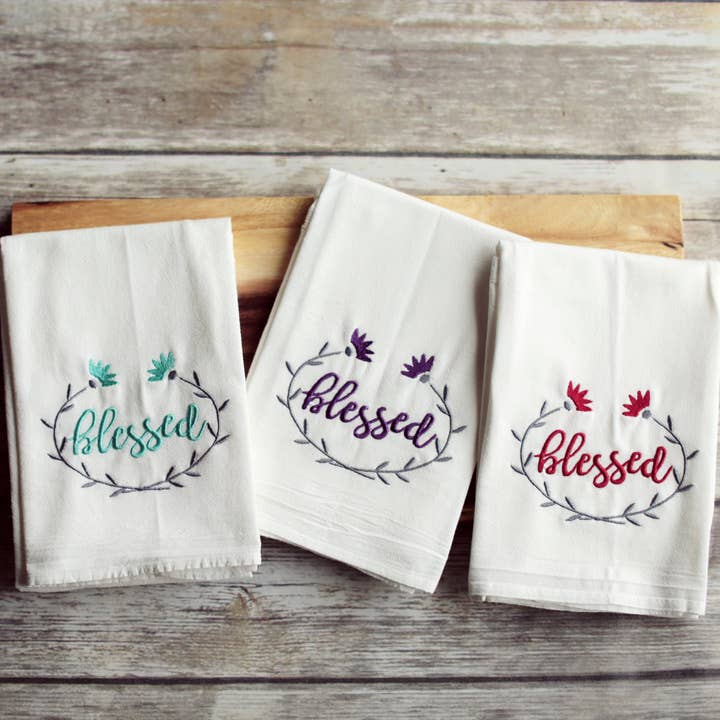 CLEARANCE - Blessed Tea Towel - Embroidered Floursack Towel for wholesale by SewMuchMoreStore