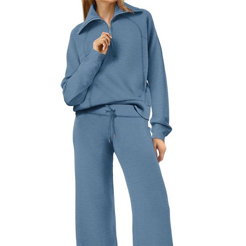 Plush Looks – wholesale Mjukisset – Dam – Set med halvzip-tröja i ren färg och joggers med vida ben2