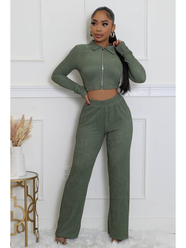 5besties inc - Wholesale Top & Pant Set (NOT Loungewear) - Women's - CRINKLED PLISSE ZIP UP LONG SLEEVE LOUNGEWEAR SET
