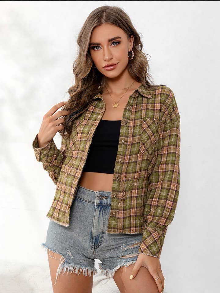 VERY J - Wholesale Button Down Shirt - Women's - NT11147-Cuff Detail Plaid Oversized Button Up Shirt