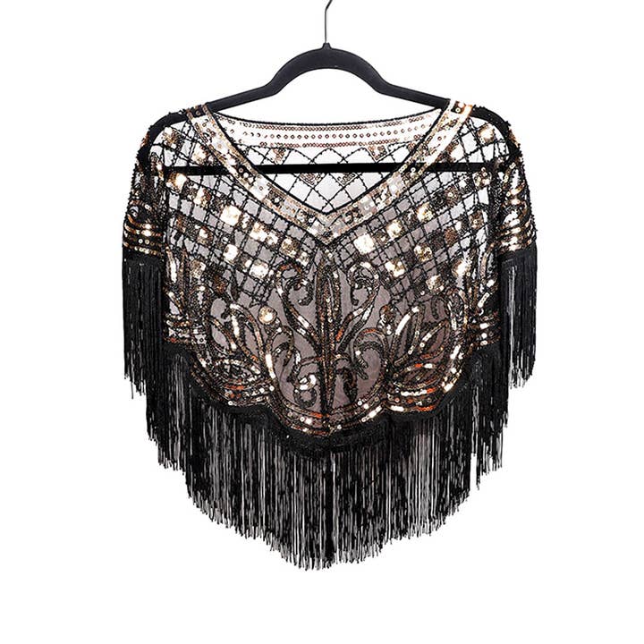 Sensibling Corp. - Wholesale Poncho – Women's - Sequined Beaded Tassel Fringe Cape Poncho
1