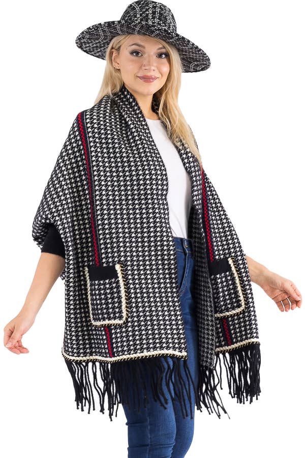 Cap Zone - Wholesale Poncho - Women's - Narrow Tri-Stripe Houndstooth Cardigan Sweater Poncho0